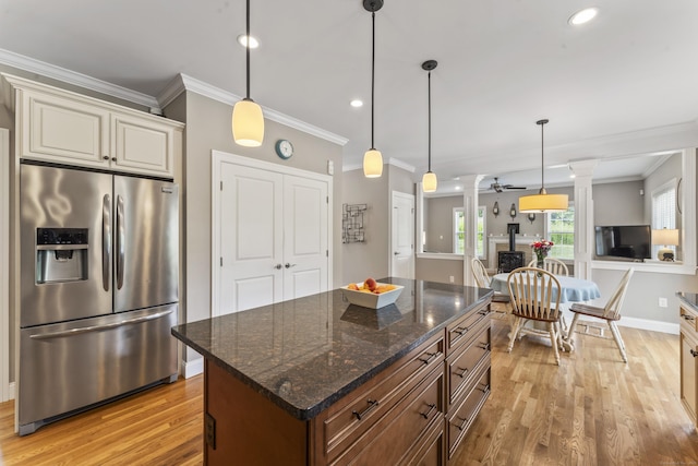 233 Ichabod Rd, Southbury, CT 06488 - kitchen featuring stainless steel fridge with ice dispenser, crown molding, light wood-style flooring, a ceiling fan, and recessed lighting