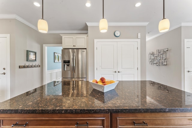 233 Ichabod Rd, Southbury, CT 06488 - kitchen featuring stainless steel fridge, crown molding, dark stone countertops, pendant lighting, and recessed lighting