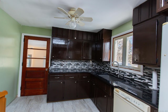 234 Vergason Ave, Norwich, CT 06360 - kitchen with dishwasher, decorative backsplash, a ceiling fan, and dark brown cabinetry