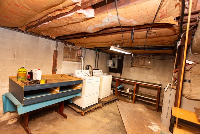 234 Vergason Ave, Norwich, CT 06360 - unfinished below grade area featuring washer and dryer, a workshop area, and electric panel