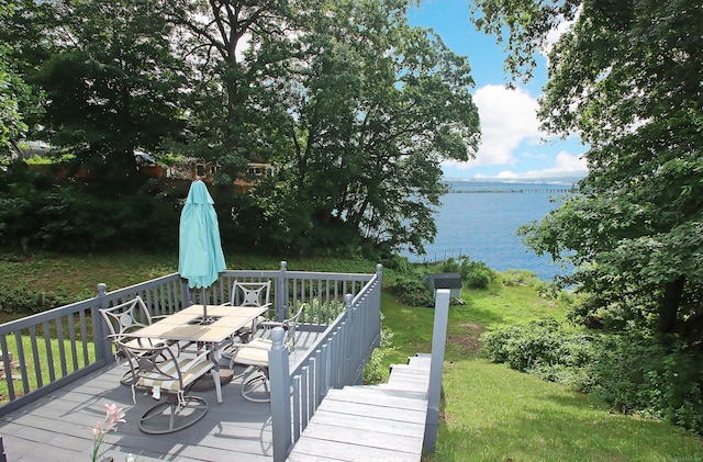 1 Best View Rd, Waterford, CT 06375 - wooden terrace featuring outdoor dining area, a water view, and a lawn