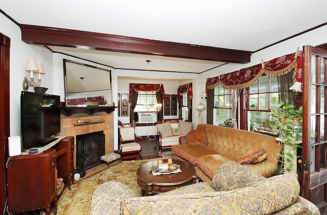 1 Best View Rd, Waterford, CT 06375 - living area featuring a brick fireplace, wood finished floors, cooling unit, and ornamental molding