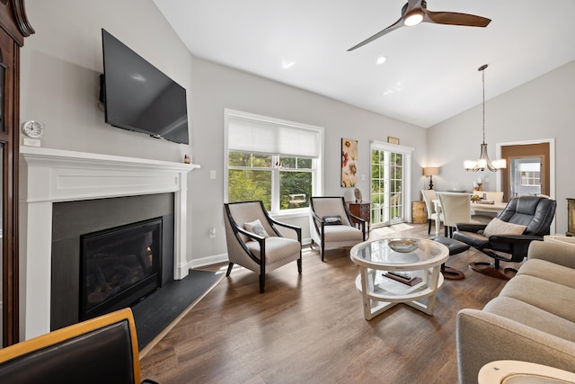 31 Old Oak Ct, Southington, CT 06489 - living room featuring a glass covered fireplace, dark wood-type flooring, a chandelier, ceiling fan, and recessed lighting