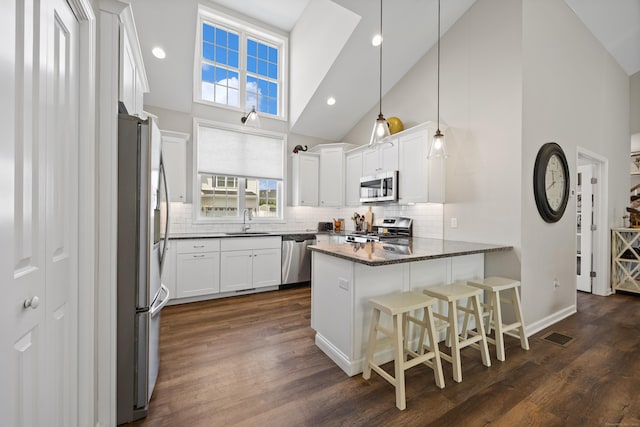 31 Old Oak Ct, Southington, CT 06489 - kitchen featuring appliances with stainless steel finishes, a peninsula, high vaulted ceiling, dark wood-style floors, and white cabinets