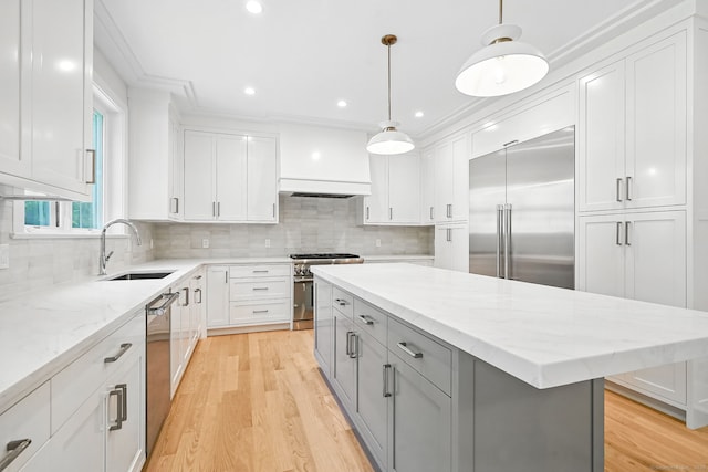 28 Pin Oak Ct, Westport, CT 06880 - kitchen featuring high end appliances, gray cabinetry, white cabinets, light wood-type flooring, and recessed lighting