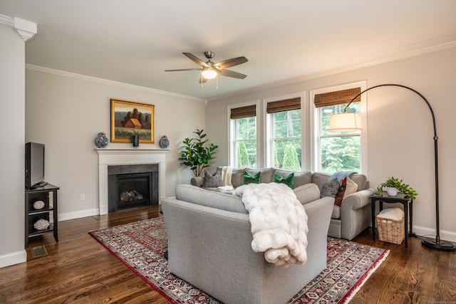 21 Hendricks Ln, Simsbury, CT 06070 - living area featuring ornamental molding, ceiling fan, dark wood-style flooring, and a glass covered fireplace