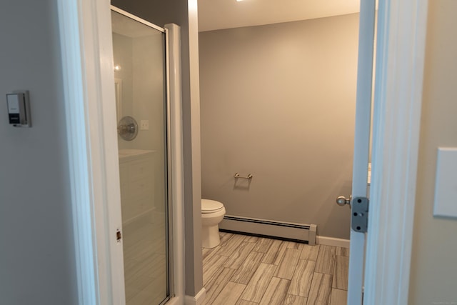 472 Saw Mill Rd, Guilford, CT 06437 - full bath with a baseboard radiator, a stall shower, and wood tiled floors