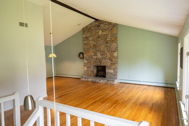 472 Saw Mill Rd, Guilford, CT 06437 - unfurnished living room with hardwood / wood-style floors, baseboard heating, and a fireplace
