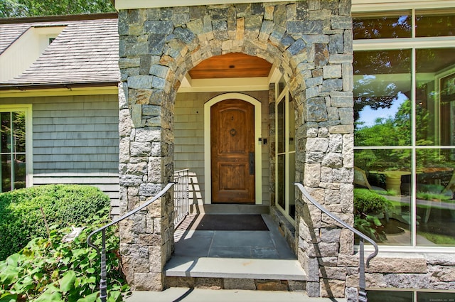 66 Little Brook Rd, Wilton, CT 06897 - doorway to property featuring stone siding