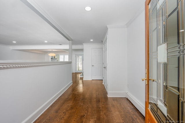 254 W Ave, Darien, CT 06820 - hallway with ornamental molding, wood finished floors, recessed lighting, and a baseboard radiator