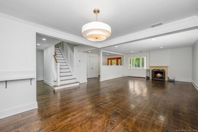 254 W Ave, Darien, CT 06820 - unfurnished living room featuring recessed lighting, crown molding, stairway, a lit fireplace, and wood finished floors