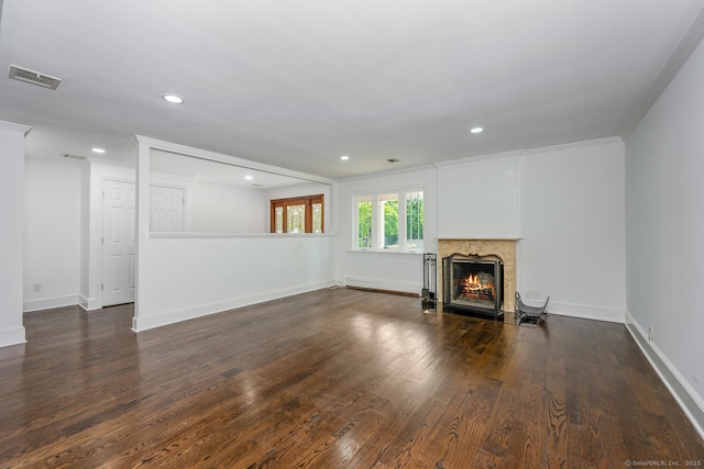 254 W Ave, Darien, CT 06820 - unfurnished living room with a baseboard radiator, a premium fireplace, dark wood-style flooring, crown molding, and recessed lighting