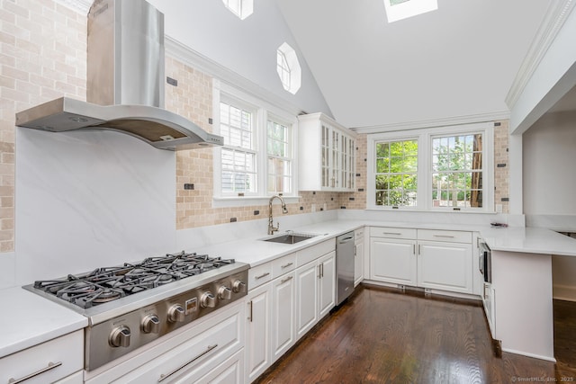 254 W Ave, Darien, CT 06820 - kitchen featuring stainless steel appliances, wall chimney range hood, dark wood-style flooring, plenty of natural light, and vaulted ceiling