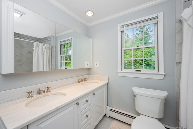 254 W Ave, Darien, CT 06820 - bathroom featuring a baseboard heating unit, marble look tile flooring, double vanity, ornamental molding, and recessed lighting