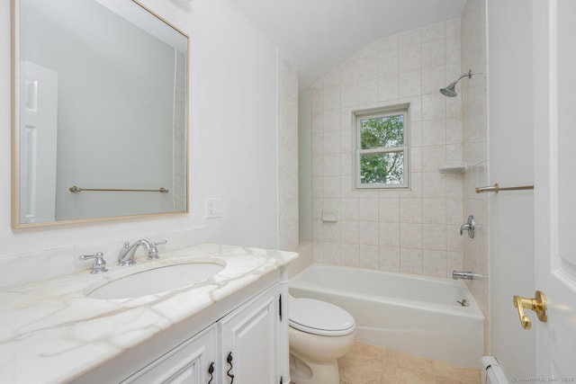 254 W Ave, Darien, CT 06820 - full bath featuring vanity, vaulted ceiling, tile patterned flooring, shower / bath combination, and baseboard heating