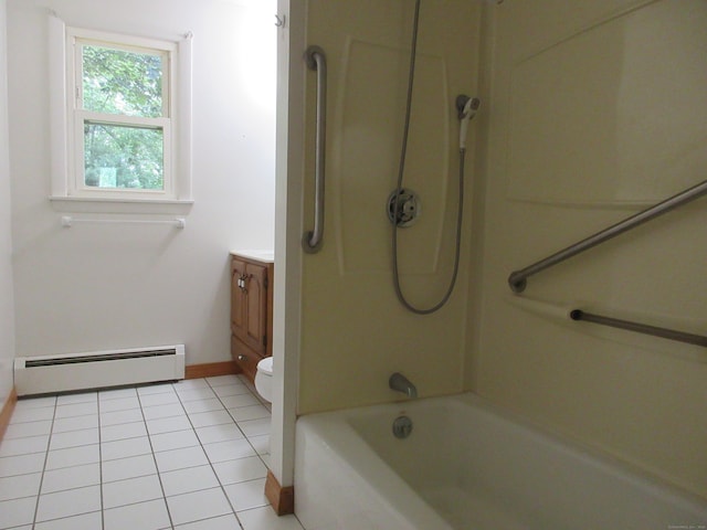 11 Ledgewood Dr, Ledyard, CT 06335 - full bath with a baseboard heating unit, vanity, shower / bathtub combination, and tile patterned floors