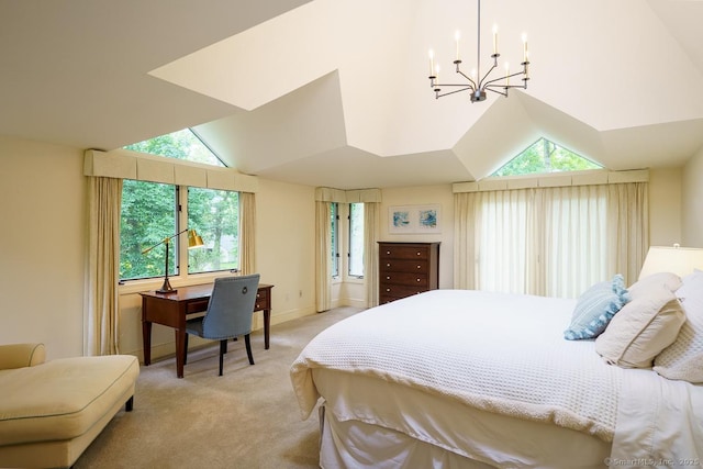 19 Money Point Rd, Stonington, CT 06355 - bedroom with light colored carpet, vaulted ceiling, and a chandelier