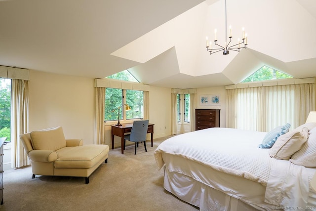 19 Money Point Rd, Stonington, CT 06355 - bedroom with a chandelier, light colored carpet, and vaulted ceiling