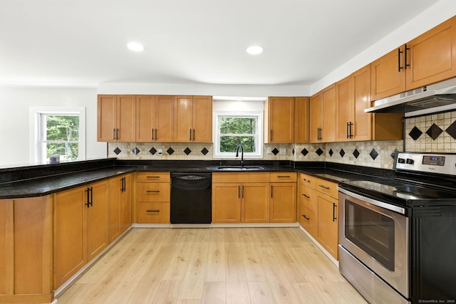 780 Park Ave, Windsor, CT 06095 - kitchen featuring stainless steel electric range oven, dishwasher, under cabinet range hood, a peninsula, and healthy amount of natural light