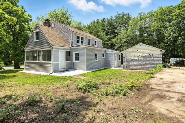 780 Park Ave, Windsor, CT 06095 - back of house featuring a chimney, a shingled roof, a yard, and a sunroom