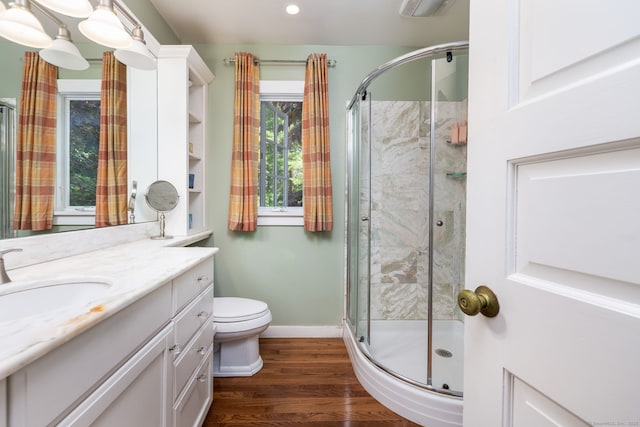 101 Tallmadge Ln, Litchfield, CT 06759 - bathroom featuring vanity, a shower stall, wood finished floors, and recessed lighting
