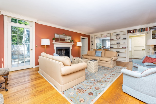 101 Tallmadge Ln, Litchfield, CT 06759 - living area featuring light wood finished floors, a fireplace, and ornamental molding