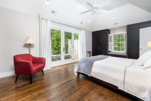 101 Tallmadge Ln, Litchfield, CT 06759 - bedroom featuring access to outside, vaulted ceiling, wood finished floors, ceiling fan, and recessed lighting