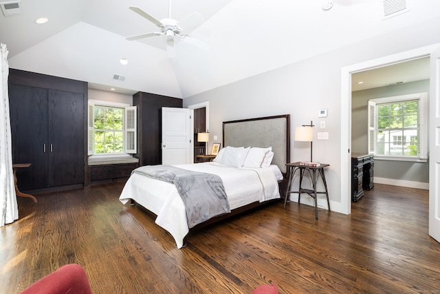 101 Tallmadge Ln, Litchfield, CT 06759 - bedroom featuring dark wood finished floors, lofted ceiling, ceiling fan, and recessed lighting