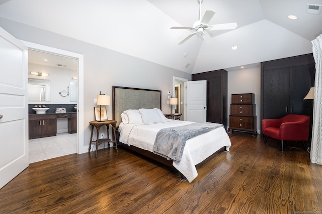 101 Tallmadge Ln, Litchfield, CT 06759 - bedroom with lofted ceiling, a ceiling fan, ensuite bath, and wood finished floors