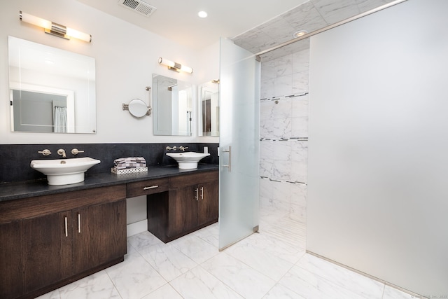 101 Tallmadge Ln, Litchfield, CT 06759 - bathroom with marble look tile flooring, a shower with curtain, double vanity, and recessed lighting