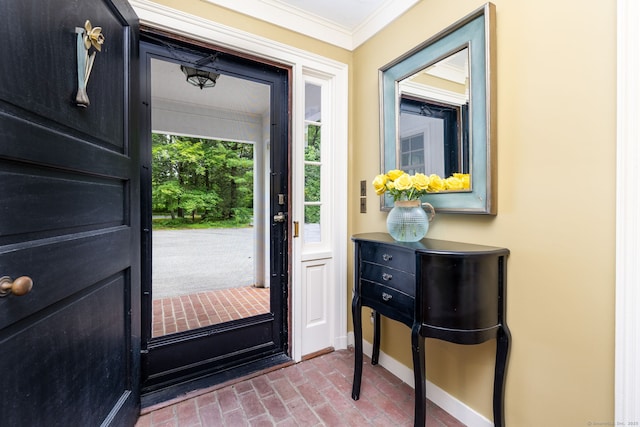 101 Tallmadge Ln, Litchfield, CT 06759 - entryway featuring brick flooring and crown molding