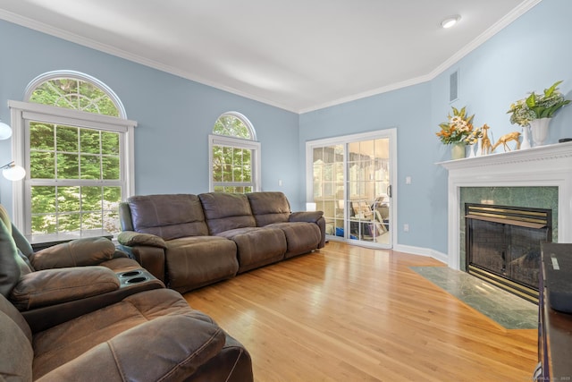 50 Middlebrooks Ave, Trumbull, CT 06611 - living room featuring wood finished floors, a premium fireplace, and ornamental molding