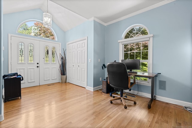 50 Middlebrooks Ave, Trumbull, CT 06611 - home office with a chandelier, plenty of natural light, wood finished floors, and vaulted ceiling