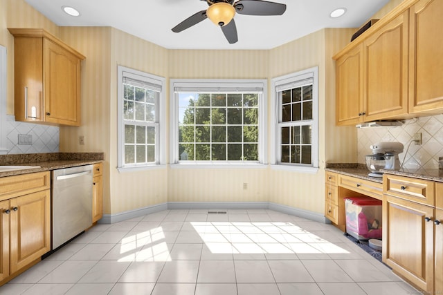 50 Middlebrooks Ave, Trumbull, CT 06611 - kitchen featuring dishwasher, a ceiling fan, dark stone countertops, tasteful backsplash, and wallpapered walls