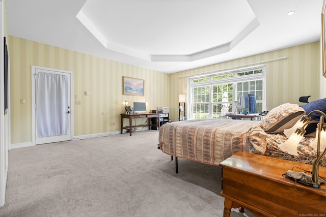 50 Middlebrooks Ave, Trumbull, CT 06611 - bedroom featuring a tray ceiling, an office area, wallpapered walls, and carpet