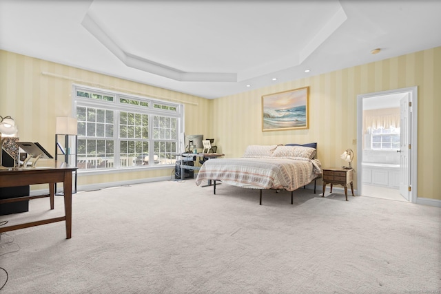50 Middlebrooks Ave, Trumbull, CT 06611 - carpeted bedroom with a tray ceiling, wallpapered walls, multiple windows, and an office area