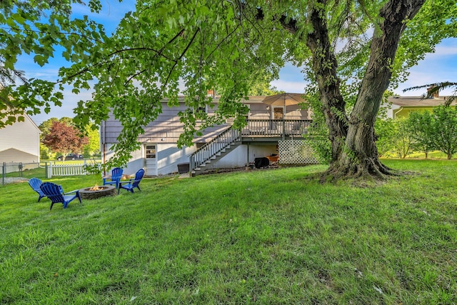 34 Fleming Ct, Groton, CT 06340 - view of yard featuring an outdoor fire pit, a deck, and stairs