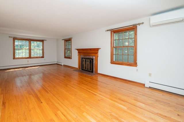 198 N Timber Ln, Cheshire, CT 06410 - unfurnished living room with a wall mounted AC, baseboard heating, wood finished floors, and a fireplace