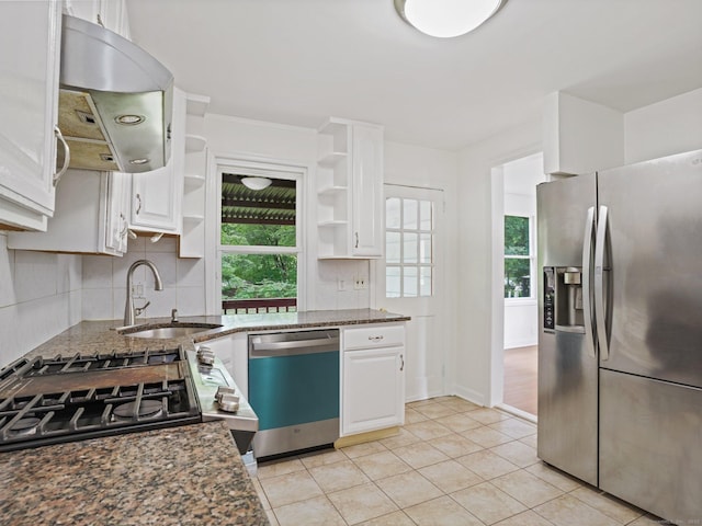 62 Severance Dr, Stamford, CT 06905 - kitchen with stainless steel appliances, range hood, open shelves, white cabinets, and tasteful backsplash
