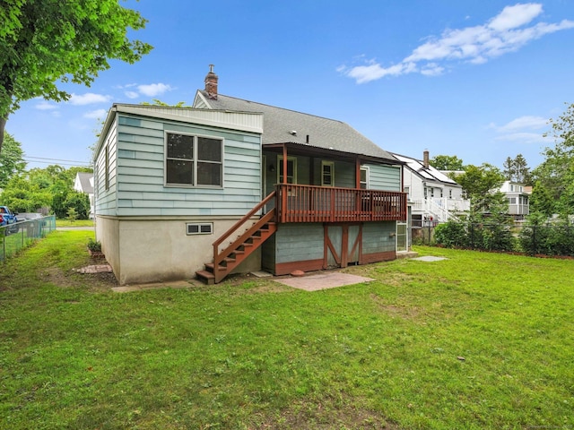 62 Severance Dr, Stamford, CT 06905 - rear view of property with stairs, a wooden deck, and a chimney