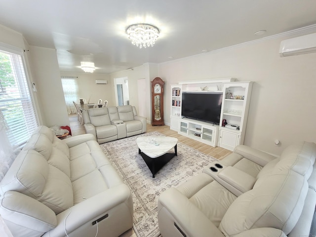 21 Arch St, Waterbury, CT 06710 - living area featuring an AC wall unit, light wood-type flooring, a chandelier, and ornamental molding