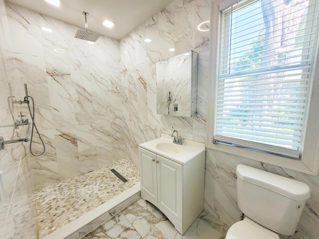 21 Arch St, Waterbury, CT 06710 - full bathroom with marble tiled flooring, tile walls, vanity, and a marble finish shower