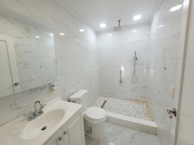 21 Arch St, Waterbury, CT 06710 - bathroom with vanity, marble look tiles, a marble finish shower, and crown molding