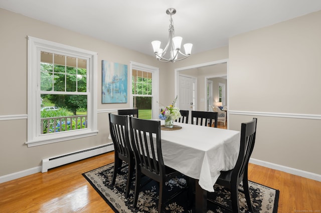 15 Tisbury Rd, Old Lyme, CT 06371 - dining space featuring a baseboard radiator, a chandelier, plenty of natural light, and light wood-type flooring