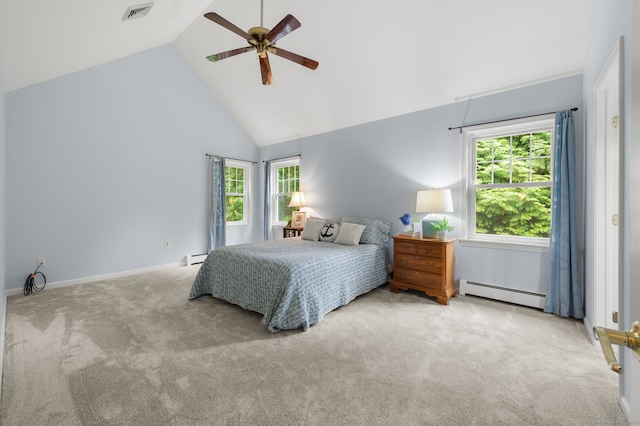15 Tisbury Rd, Old Lyme, CT 06371 - bedroom featuring baseboard heating, high vaulted ceiling, carpet floors, multiple windows, and a ceiling fan