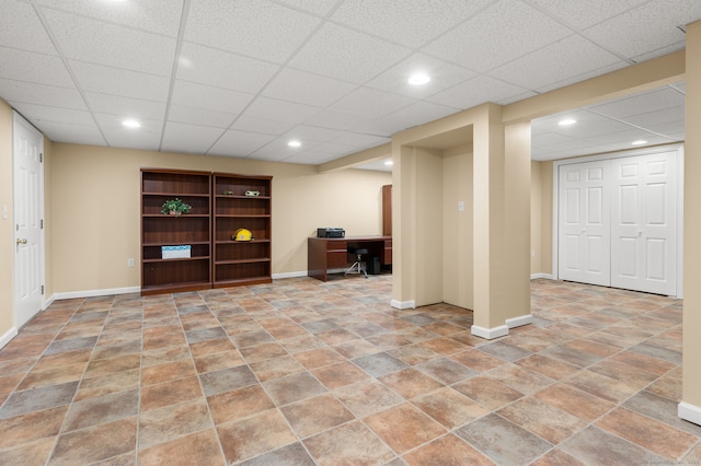 15 Tisbury Rd, Old Lyme, CT 06371 - finished basement with a desk, a paneled ceiling, and recessed lighting