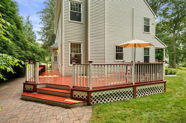15 Tisbury Rd, Old Lyme, CT 06371 - rear view of house featuring a yard and a wooden deck