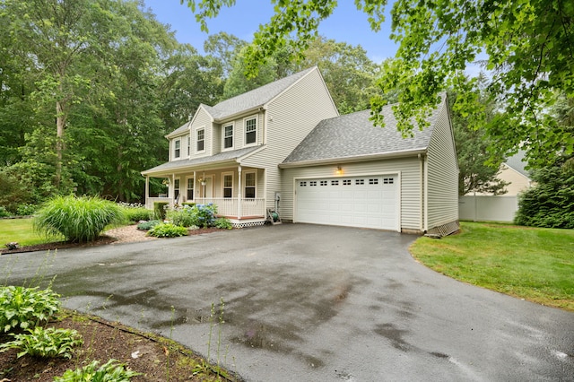 15 Tisbury Rd, Old Lyme, CT 06371 - view of front facade with a porch, an attached garage, driveway, a shingled roof, and a front yard