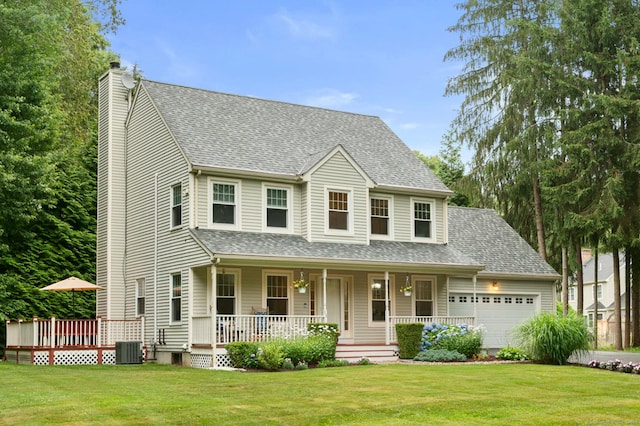 15 Tisbury Rd, Old Lyme, CT 06371 - view of front of house featuring an attached garage, a shingled roof, a chimney, covered porch, and a front yard