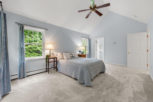 15 Tisbury Rd, Old Lyme, CT 06371 - bedroom with high vaulted ceiling, carpet floors, a baseboard radiator, a ceiling fan, and connected bathroom